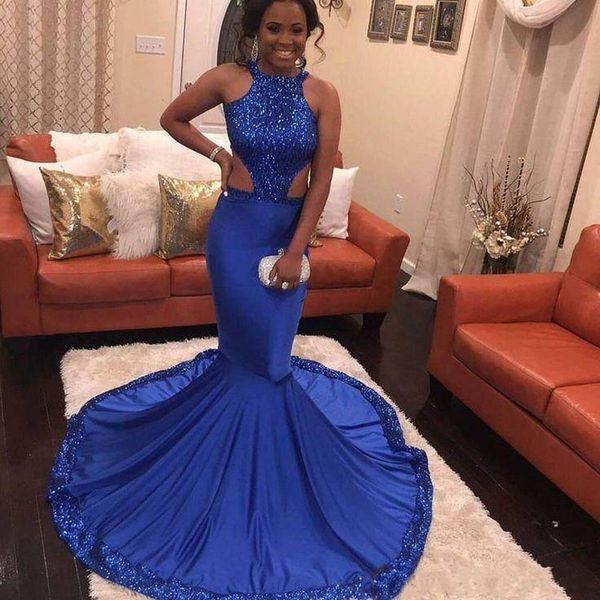 royal blue jewel prom dresses mermaid sleeveless lace with sequins chapel train custom made formal evening dresses, Black
royal blue jewel prom dresses mermaid sleeveless lace with sequins chapel train custom made formal evening dresses, Black