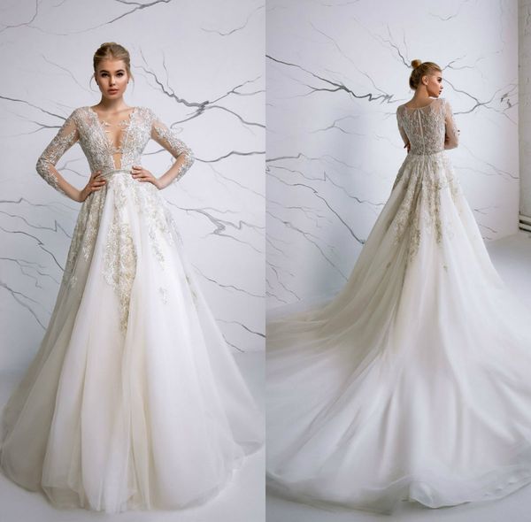 2020 luxury a line wedding dresses jewel long sleeves appliqued lace tulle beads wedding gown sweep train ruched custom made robes de mariée, White
2020 luxury a line wedding dresses jewel long sleeves appliqued lace tulle beads wedding gown sweep train ruched custom made robes de mariée, White