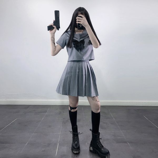 grey women's japanese jk school uniform suit: sailor collar short sleeve blouse shirt + pleated mini skirt + bow preppy style, White
grey women's japanese jk school uniform suit: sailor collar short sleeve blouse shirt + pleated mini skirt + bow preppy style, White