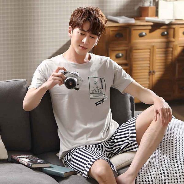 men's pajamas set summer loose leisure elastic waist men sleepwear cotton man's short sleeve grey t-shirt+striped shorts outwear, Black;brown
men's pajamas set summer loose leisure elastic waist men sleepwear cotton man's short sleeve grey t-shirt+striped shorts outwear, Black;brown