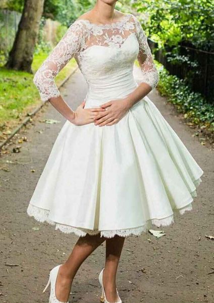 2022 ball gown satin wedding dress lace beach plus size bateau 3/4 sleeve knee-length pleated vintage ivory modest bridal gowns, White
2022 ball gown satin wedding dress lace beach plus size bateau 3/4 sleeve knee-length pleated vintage ivory modest bridal gowns, White