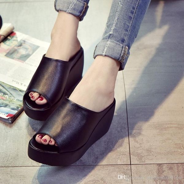 women sandals 7.5cm platform wedges women's shoes thick heel open peep toe sandals leather summer style slide black shoes