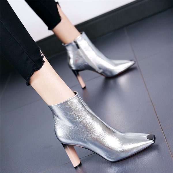 

2020 new sliver gold women ankle boots pointed toe chunky high heel boots mirror metallic women pumps female stiletto, Black