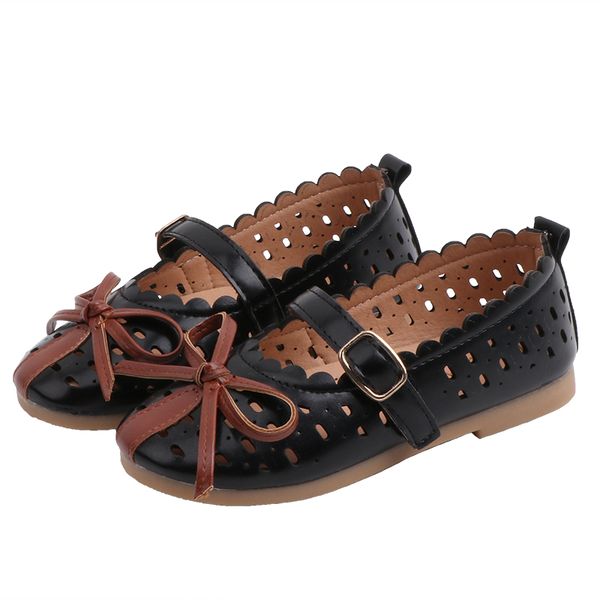 kids girls soft leather shoes cut-outs princess shoes breathable summer sandals non-slip with bowknot shs020, Black;grey