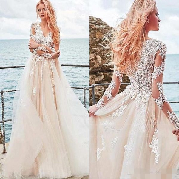 blush v neck scalloped lace applique beach wedding dresses 2020 long sleeves covered buttons back wedding gown plus size vestido de novia, White
blush v neck scalloped lace applique beach wedding dresses 2020 long sleeves covered buttons back wedding gown plus size vestido de novia, White
