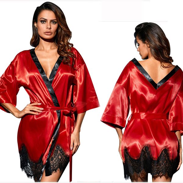women designer sleepwear pajamas lace piping sleep robes v neck solid evening night robe with belt, Black;red
women designer sleepwear pajamas lace piping sleep robes v neck solid evening night robe with belt, Black;red