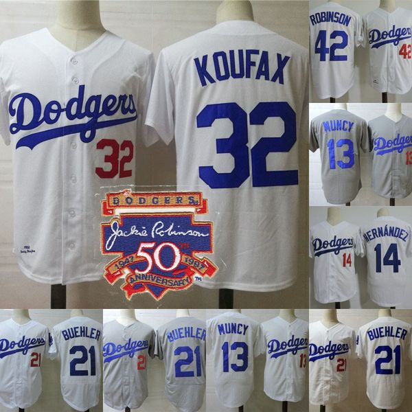 Mens Dodgers Jerseys 1958 Sandy Koufax Jackie Robinson 50th Patch Enrique Hernandez Max Muncy Walker Buehler Los Angeles Baseball Jerseys