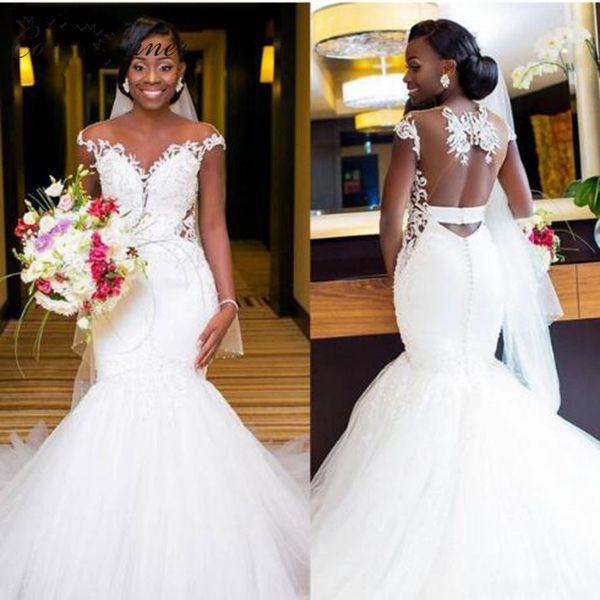 fashion african nigeria mermaid wedding dresses jewel sheer neck backless off shoulder lace appliques cutaway sides bridal gowns, White
fashion african nigeria mermaid wedding dresses jewel sheer neck backless off shoulder lace appliques cutaway sides bridal gowns, White