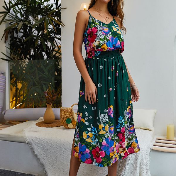 women summer floral pattern dress ladies deep v-neck sling dress slim waist, Black;gray
women summer floral pattern dress ladies deep v-neck sling dress slim waist, Black;gray