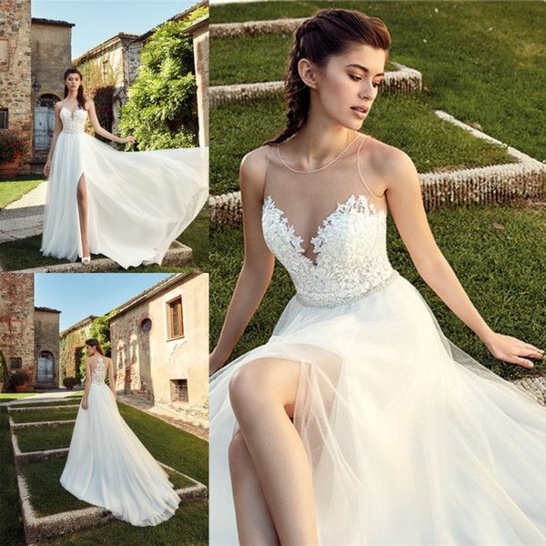 2019 beach boho wedding dresses a line sheer neck lace front slits summer country garden bridal gowns illusion back vestito da sposa, White
2019 beach boho wedding dresses a line sheer neck lace front slits summer country garden bridal gowns illusion back vestito da sposa, White