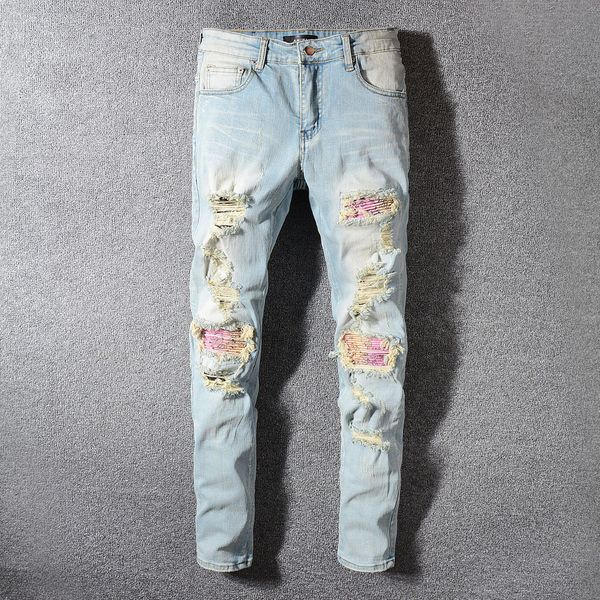 mens designer jeans fashion brand logo light color hole denim pants ripped distressed motorcycle jeans slim pencil pants mens designer pants, Blue
mens designer jeans fashion brand logo light color hole denim pants ripped distressed motorcycle jeans slim pencil pants mens designer pants, Blue
