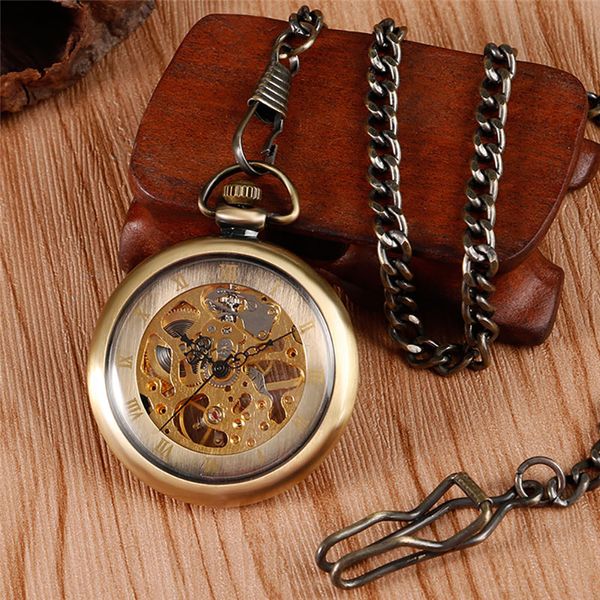Retro Bronze Exquisite Mechanical Hand Winding Pocket Watch Open Face Vintage Skeleton Clock For Men Women Pendant Necklace Chain Gifts