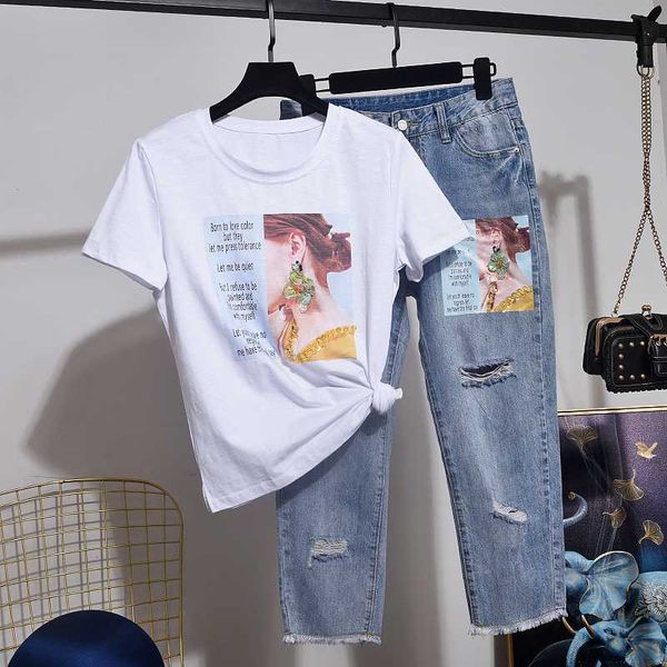2020 summer new t shirt women korean beaded letter loose short sleeve tshirt + casual hole jeans 2 piece set women d3621, White
2020 summer new t shirt women korean beaded letter loose short sleeve tshirt + casual hole jeans 2 piece set women d3621, White