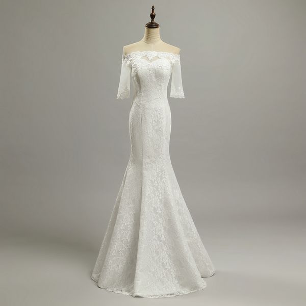 2020 bateau neck mermaid wedding dresses chic lace appliques bridal gowns with 1/2 poet sleeve elegant wedding dresses with lace up back, White
2020 bateau neck mermaid wedding dresses chic lace appliques bridal gowns with 1/2 poet sleeve elegant wedding dresses with lace up back, White