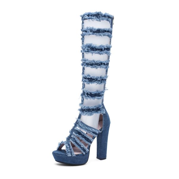 new fashion women knee high boots square high heel cut-out jeans boots summer cool breathable denim women's shoes, Black
new fashion women knee high boots square high heel cut-out jeans boots summer cool breathable denim women's shoes, Black