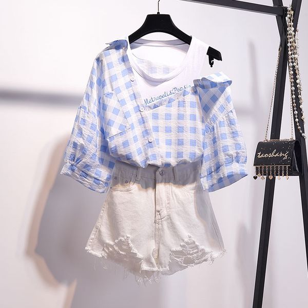 2019 summer women fashion plaid shoulder shirts + hole shorts 2 pcs sets female beautiful suits a1286, White
2019 summer women fashion plaid shoulder shirts + hole shorts 2 pcs sets female beautiful suits a1286, White