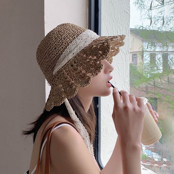 lace hollow sunscreen beach ins straw lace straw hat hat female, White 
lace hollow sunscreen beach ins straw lace straw hat hat female, White