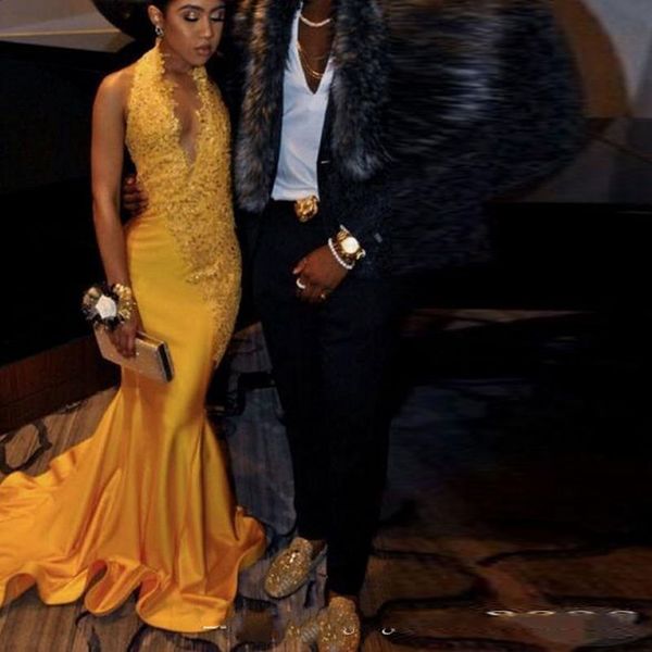 yellow mermaid prom dresses africna party wear deep v neck halter lace applique sequin formal evening gowns, Black
yellow mermaid prom dresses africna party wear deep v neck halter lace applique sequin formal evening gowns, Black