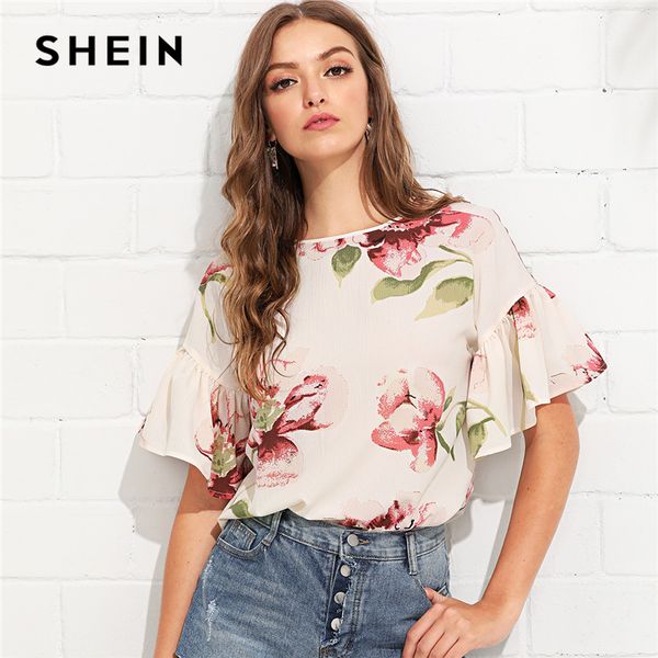 

shein multicolor vacation bohemian beach floral print flounce ruffle sleeve keyhole back floral blouse women casual shirt top, White