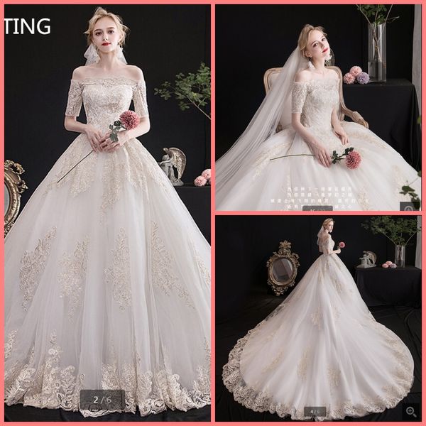 2020 luxury champagne lace appliques ball gown wedding dress vintage off the shoulder short sleeve bridal gowns modest court train bride, White
2020 luxury champagne lace appliques ball gown wedding dress vintage off the shoulder short sleeve bridal gowns modest court train bride, White