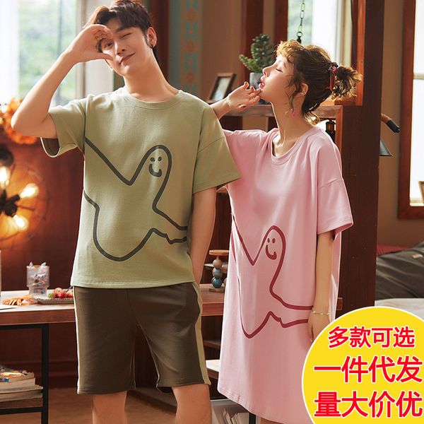 couples pajamas women's pure cotton short sleeve men nightgown short skirt summer thin section spring and autumn homewear set, Black;red
couples pajamas women's pure cotton short sleeve men nightgown short skirt summer thin section spring and autumn homewear set, Black;red