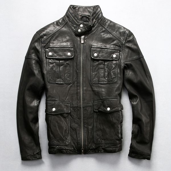 2020 stand collar genuine leather jacket men slim fit sheepskin leather jacket with pockets militaly style leather coat male, Black
2020 stand collar genuine leather jacket men slim fit sheepskin leather jacket with pockets militaly style leather coat male, Black