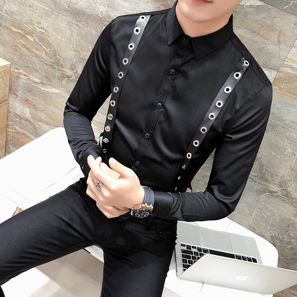 men's dress shirts personality belt decor shirt men korean slim fit long sleeve tuxedo mens casual night club social blouse, White;black
men's dress shirts personality belt decor shirt men korean slim fit long sleeve tuxedo mens casual night club social blouse, White;black