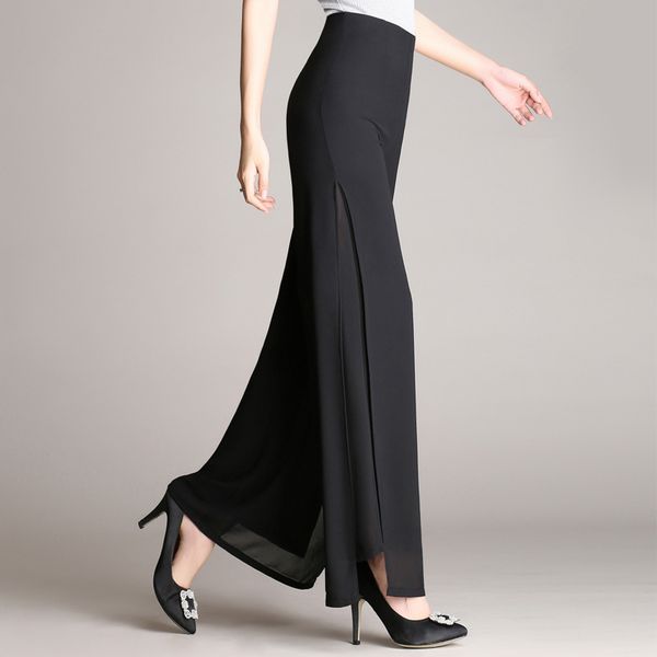 summer new female wide leg pants womens high waist double layers split chiffon pants loose black elegant dance trousers, Black;white
summer new female wide leg pants womens high waist double layers split chiffon pants loose black elegant dance trousers, Black;white