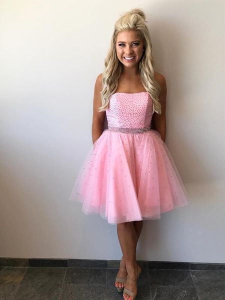 sweety pink short homecoming prom dresses strapless tulle open back crystals beading graduation party dress cheap, Blue;pink
sweety pink short homecoming prom dresses strapless tulle open back crystals beading graduation party dress cheap, Blue;pink