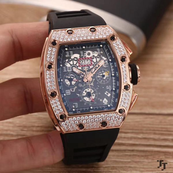New Black Rubber Men Watch Sapphire Automatic Mechanical Rose Gold Silver Iced Diamonds Tourbillion Calendar AAA+