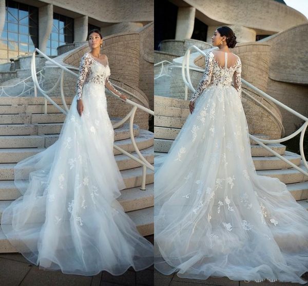 2019 vintage long sleeve wedding dress detachable a line appliques sheer scoop neckline button covered long bridal gowns formal vestidos, White
2019 vintage long sleeve wedding dress detachable a line appliques sheer scoop neckline button covered long bridal gowns formal vestidos, White