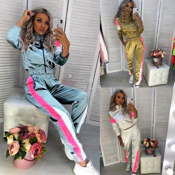 women tracksuit fashion reflective sports suit long sleeve crop standing collar casual pants set casual suit, Gray
women tracksuit fashion reflective sports suit long sleeve crop standing collar casual pants set casual suit, Gray
