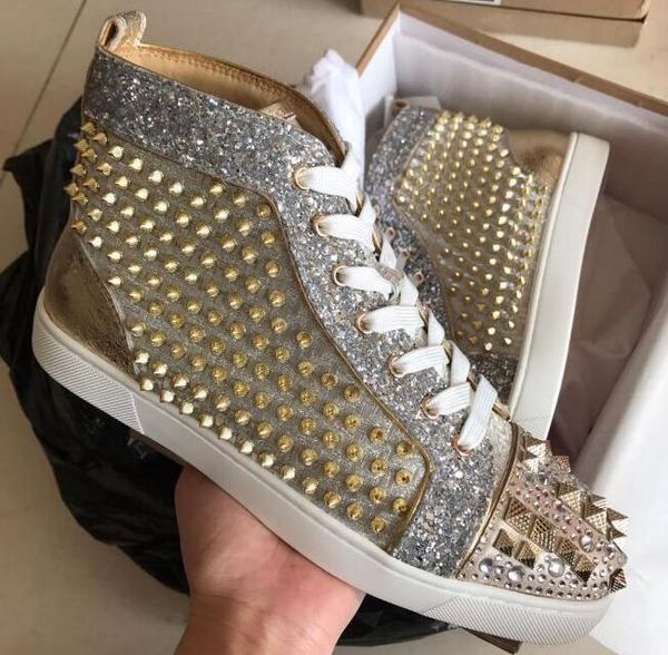 new luxurious designer popular glitter leather casual shoes women men spikes red bottom sneakers shoes lace up studs shoes, Black
new luxurious designer popular glitter leather casual shoes women men spikes red bottom sneakers shoes lace up studs shoes, Black