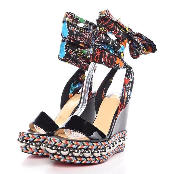 summer women high heels fashion red bottom levantine wedge sandals with bow & graffiti strap lady beach sandalias women's pumps party d, Black
summer women high heels fashion red bottom levantine wedge sandals with bow & graffiti strap lady beach sandalias women's pumps party d, Black