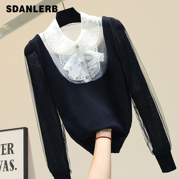 spring autumn sweater women's new lace stitching lapel knitted shirt ladies temperament sweater jumper, White;black
spring autumn sweater women's new lace stitching lapel knitted shirt ladies temperament sweater jumper, White;black