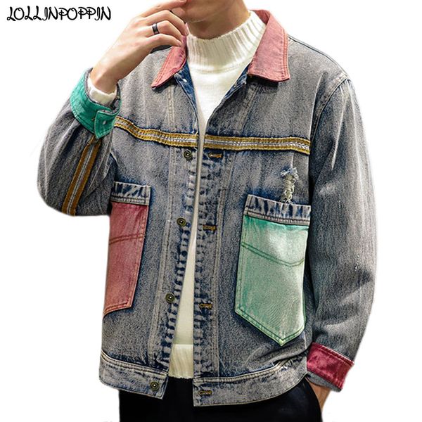 men retro denim jacket patchwork color front & back pockets ripped jean jacket turn down collar vintage mens designer denim coat, Black;brown
men retro denim jacket patchwork color front & back pockets ripped jean jacket turn down collar vintage mens designer denim coat, Black;brown