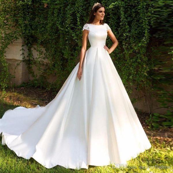 new elegant a-line satin wedding dress bateau sheer back cap sleeves lace appliqued bridal gown plus size vestidos de soiree, White
new elegant a-line satin wedding dress bateau sheer back cap sleeves lace appliqued bridal gown plus size vestidos de soiree, White