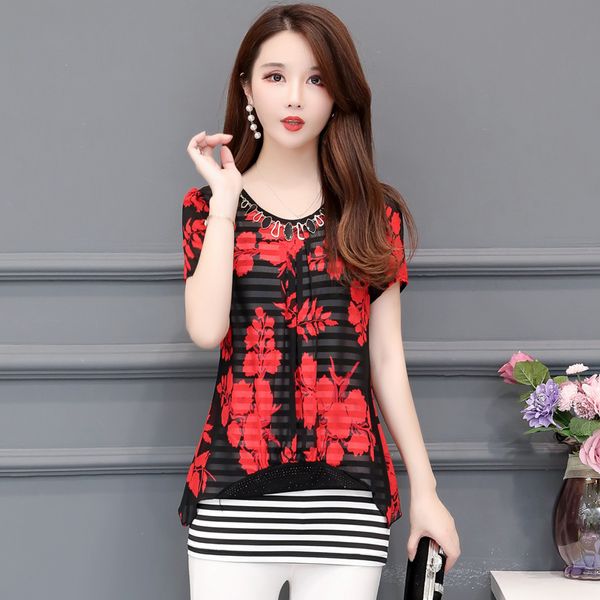 2019 summer wear-корейского стиль большого размера женщины среднего возраста платье для похудения mock двухсекционного шифона с коротким рук, White 
2019 summer wear-корейского стиль большого размера женщины среднего возраста платье для похудения mock двухсекционного шифона с коротким рук, White