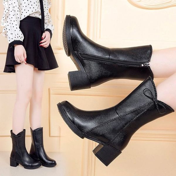 2019 new autumn and winter round head side zipper thick with middle boots children's fashion plus velvet high heel women's boots, Black
2019 new autumn and winter round head side zipper thick with middle boots children's fashion plus velvet high heel women's boots, Black