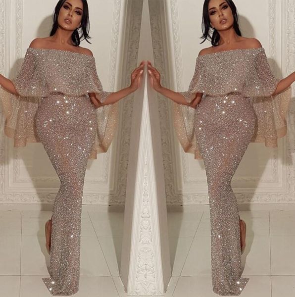 женщины длинные вечерние платья макси с плеча оборками серебро bling блестки платье элегантный летучая мышь рукав длина пола формальные пром, Black;red