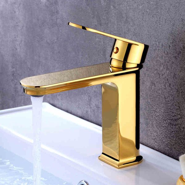 

Basin Faucets Golden Finish Brass Hot and Cold Single Handle Basin Mixer Taps Deck Mounted Bathroom Faucets Sink Faucet 3 Color