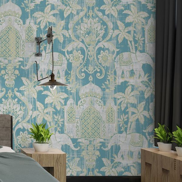 

southeast asia thai style wall paper india wind elephant pattern blue red background wall waterproof wallpaper