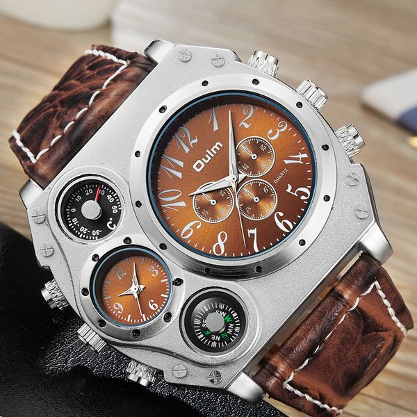 

oulm 1349 new sport watches men super big large dial male quartz clock decorative thermometer compass luxury men's wrist watch, Slivery;brown