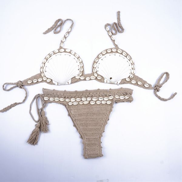 women shell handmade knitted bikini set bohemian swimwear personality bra swimsuit, White;black
women shell handmade knitted bikini set bohemian swimwear personality bra swimsuit, White;black