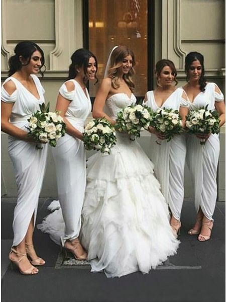 white ruched sheath bridesmaid dress 2019 arabic short sleeve formal party gown wedding guest dresses, White;pink
white ruched sheath bridesmaid dress 2019 arabic short sleeve formal party gown wedding guest dresses, White;pink