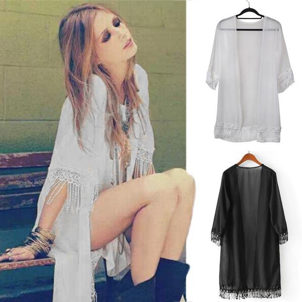 women's blouses & shirts solid color kimono loose fringe cardigan long chiffon blouse open cardigans for women, White
women's blouses & shirts solid color kimono loose fringe cardigan long chiffon blouse open cardigans for women, White