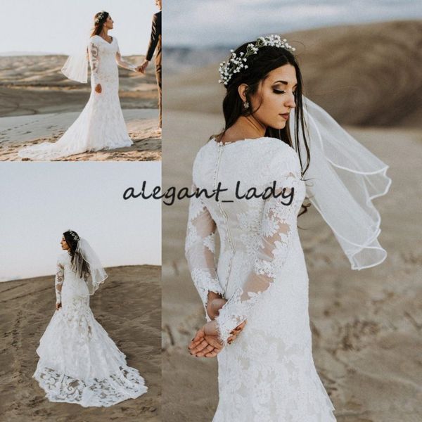 lace mermaid modest wedding dresses with long sleeves v neck buttons back vintage country modest bridal gown with full sleeves, White
lace mermaid modest wedding dresses with long sleeves v neck buttons back vintage country modest bridal gown with full sleeves, White