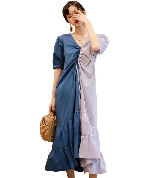 2019 spring and summer new women's street tide v-neck contrast color drawstring loose irregular ruffled dress, Black;gray
2019 spring and summer new women's street tide v-neck contrast color drawstring loose irregular ruffled dress, Black;gray