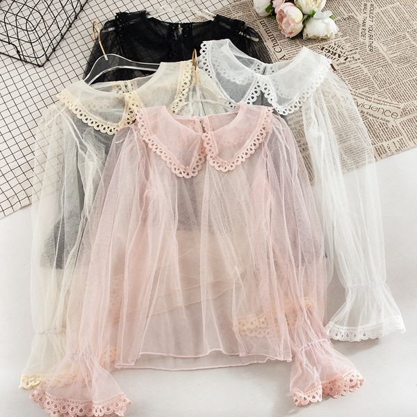 2019 women peter pan collar flare sleeve basic mesh gauze ruffles shirt vintage slim hollow out lace flower pullover blouse, White
2019 women peter pan collar flare sleeve basic mesh gauze ruffles shirt vintage slim hollow out lace flower pullover blouse, White