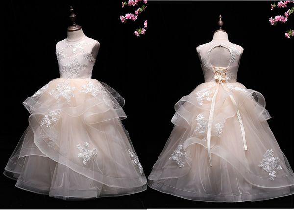 light champagne flower girls dresses for wedding party ruffles tulle applique lace keyhole back corset first communion dress, White;blue
light champagne flower girls dresses for wedding party ruffles tulle applique lace keyhole back corset first communion dress, White;blue